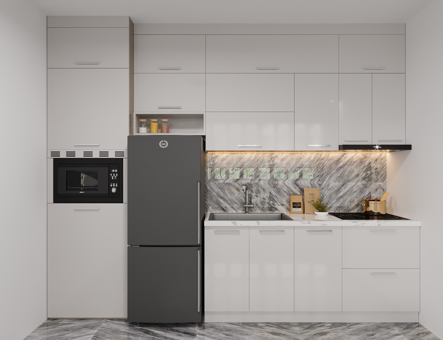 Tủ bếp trên kịch trần có khả năng giảm bụi bẩn ở trên góc tường hoặc trần nhà