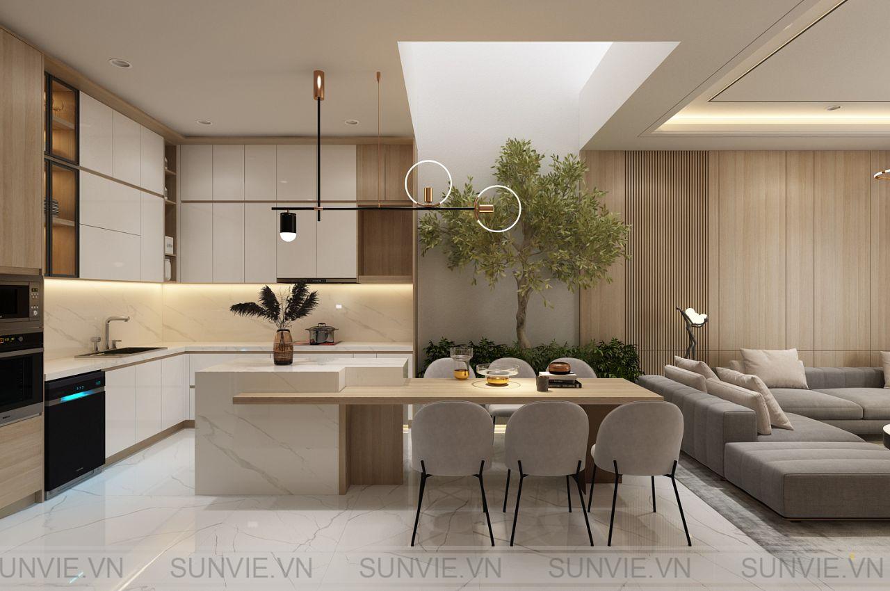 Thiết kế phòng bếp nhà ống thông với phòng khách