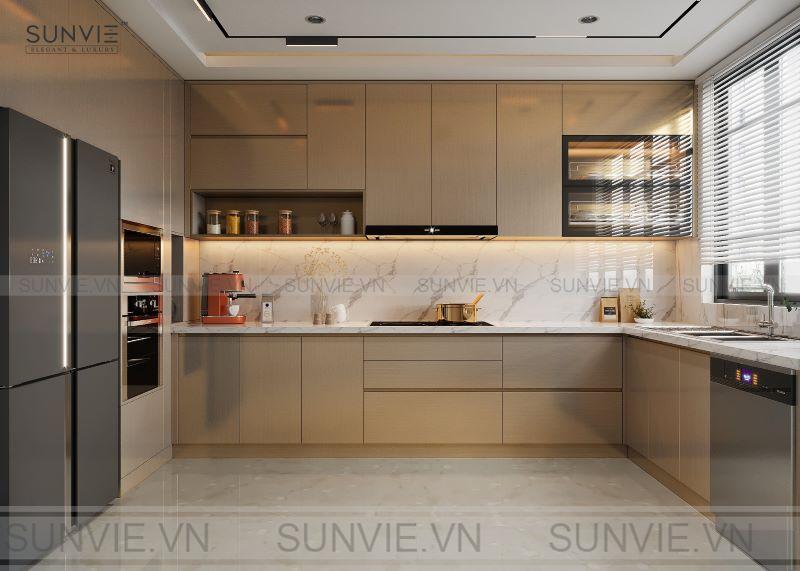 Tủ bếp inox Sunvie giúp bạn tiết kiệm được tối đa diện tích căn bếp.